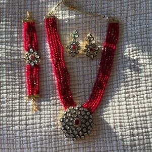 Elegant Red and Gold Kundan Jewelry Set